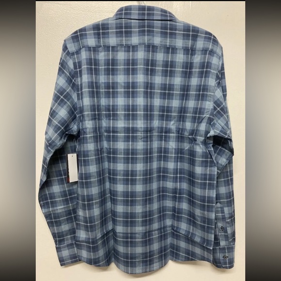 Flag & Anthem Mens Button Up Shirt Plaid Medium Adult Light Blue Navy Stretch - Picture 2 of 13